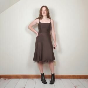 Ann Taylor Espresso Brown Satin Peep Tulle Double Strap Cocktail Dress Womens 0
